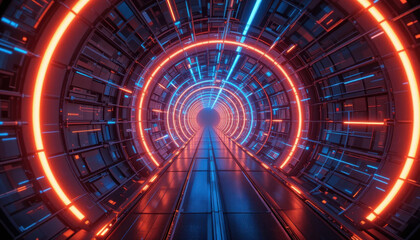 Obraz premium Futuristic tunnel with glowing neon lights in blue and orange, creating sense of depth and motion. symmetrical design and vibrant colors evoke sci fi atmosphere