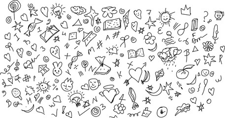 Fototapeta premium Hand Drawn Doodle Icons Collection – Hearts, Stars, Flowers, Arrows, Sun and Fun Sketch Elements on White Background