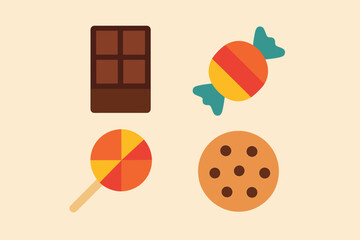 Assortment of delicious sweets including chocolate candy lollipop and cookie.
