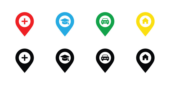 colorful location pin map marker with hospital education car and home icon set