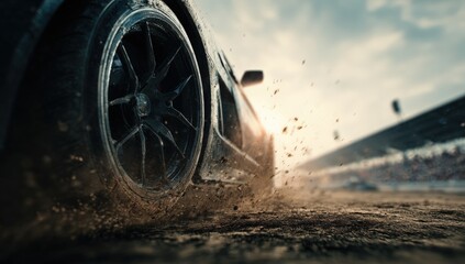 Racing car kicking up dirt on a track at sunset