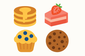 Assortment of Delicious Desserts - Pancakes, Cake, Muffin, and Cookie.