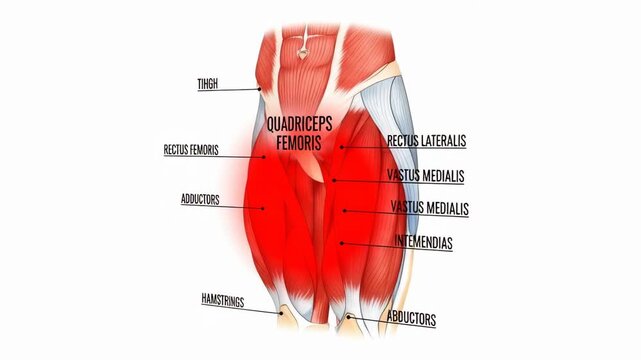 Leg Pain Anatomy Animation Highlighting Quadriceps Femoris, Adductors, and Hamstrings for Medical and Educational Use Showing Inflammation