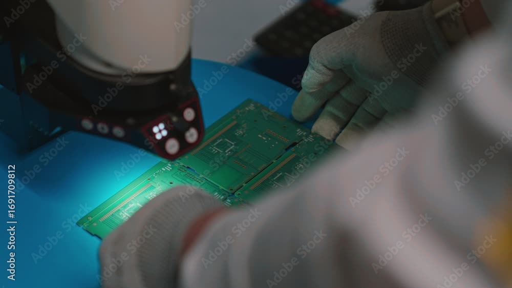 Poster technician inspects circuit board under a microscope in slow motion