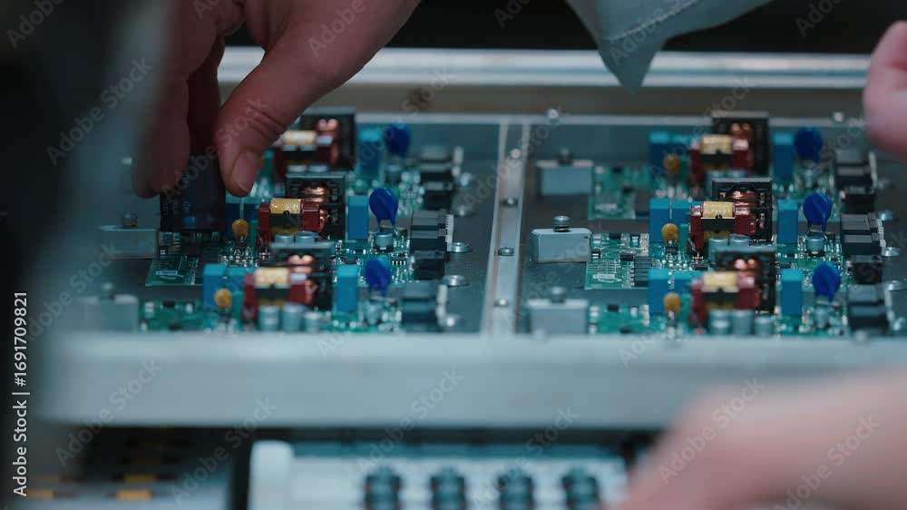Poster hands assembling circuit boards with precision in slow motion