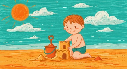 Naklejka premium A cheerful young boy enjoys building a sandcastle on a sunny beach.