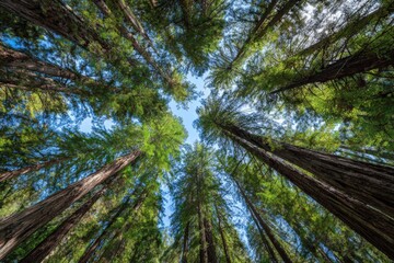 Fototapeta premium Looking up at tall trees in a forest