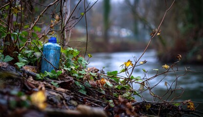 Fototapeta premium Plastic bottle discarded by a riverbank in autumn
