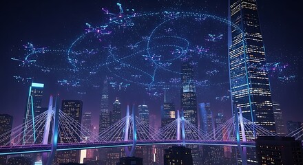 Futuristic Cityscape with Drone Network and Illuminated Architecture.