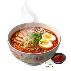 Spicy ramen bowl with chili oil and toppings on transparent background for Asian restaurant branding