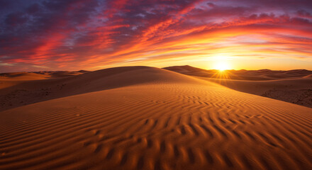 Naklejka premium Stunning desert dunes bathed in golden sunset light with vibrant, fiery clouds above