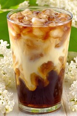 Photo for restaurant menu A glass of coffee with milk and ice on a white table on a background of white flowers