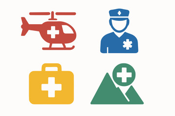 Emergency Medical Icons - Helicopter, Paramedic, First Aid Kit, Mountain Rescue.