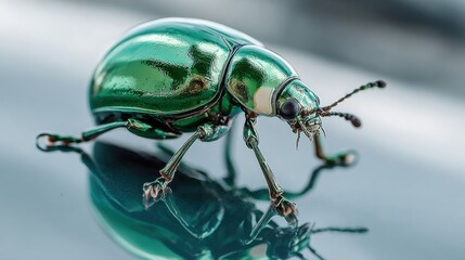 Fototapeta premium Vibrant Green Beetle Resting Gracefully on a Shiny Glass Surface Showcasing Intricate Details and Textures in a Natural Setting of Insect Life