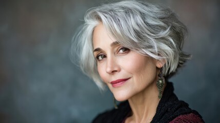 Fototapeta premium Elegant Woman with Grey Hair Dressed in a Stylish Black Jacket Exuding Confidence and Grace in a Modern Urban Environment on a Bright Day