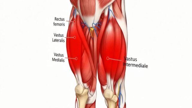 Quad Muscle Anatomy Animation Demonstrating Rectus Femoris and Vastus Muscles for Educational and Medical Purposes, Showcasing Leg Anatomy