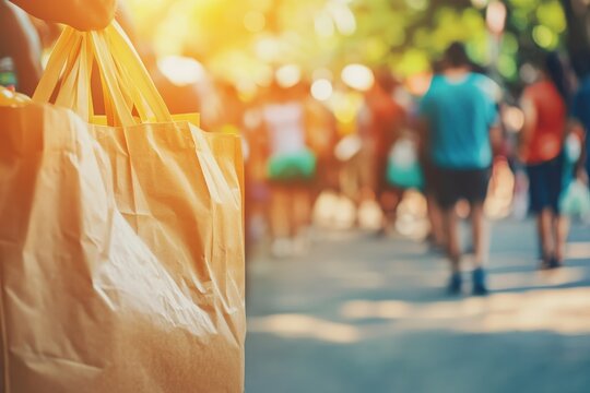 Person Holding Paper Shopping Bag in a Lively Outdoor Market with Blurred Background of People Enjoying a Sunny Day at a Local Event or Street Fair - Powered by Adobe