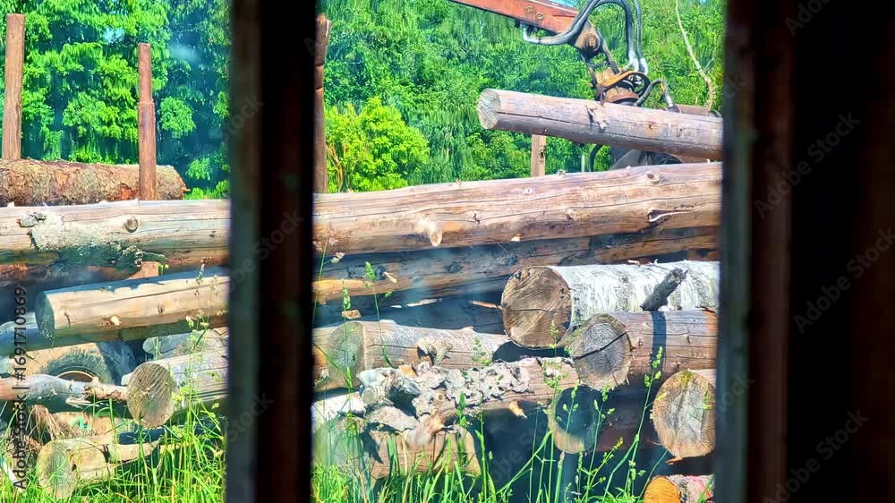 Aufkleber a log-loading tractor with stack logs viewed from a window. close-up shot