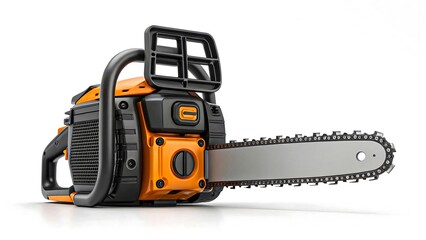 Naklejka premium Modern Orange and Black Chainsaw Isolated on White Background 