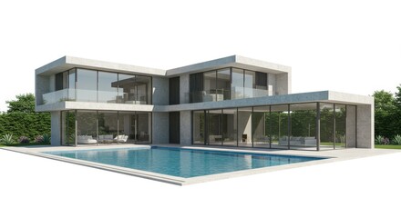 Modern, light-filled concrete home with a luxurious outdoor pool area, showcasing a contemporary architectural design and ample glass walls.