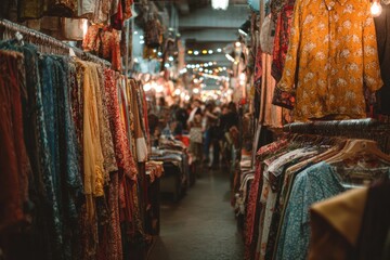Obraz premium Clothing market aisle with colorful garments