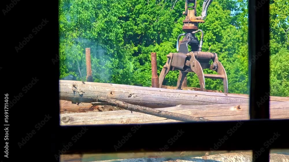 Poster a window with a view of a tractor-mounted loader lifting a stack of logs. close-up shot