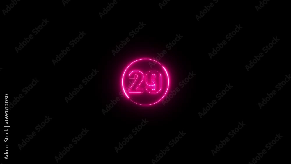 Poster a dynamic circular animation and glowing neon number 29 animation on a black background.