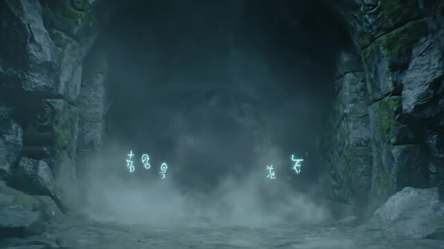 Mysterious glowing spirits emerge from a dark, misty cave entrance, a cinematic low-angle shot conveying a somber and eerie mood, with rough stone walls and a damp ground.