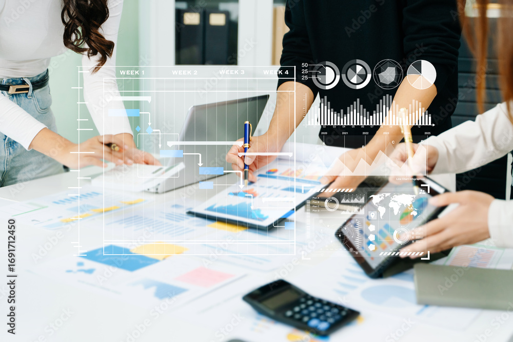 Aufkleber businessman hand project manager working and update tasks and gantt chart scheduling virtual diagram