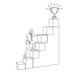 Businessman Climbing Stairs Towards Trophy on Elevated Platform in Minimalist Line Art