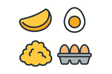 Collection of four food icons including banana slice boiled egg scrambled eggs and egg carton.