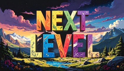 Colorful landscape with the phrase "Next Level" in bold, 3D letters