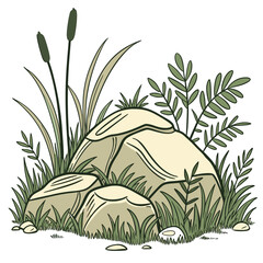 Obraz premium A cluster of beige and gray rocks surrounded by tall grasses, leafy plants, and cattails, with scattered pebbles at the base, in muted green and earthy tones.
