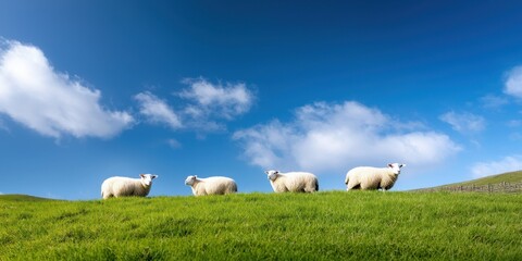 Four sheep graze on a lush green hillside under a bright blue sky with fluffy clouds, showcasing a serene pastoral scene.