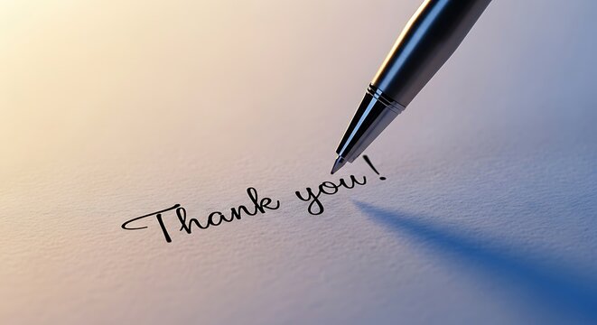 Pen writing thank you note on paper expressing gratitude and appreciation close up view of thoughtful handwritten