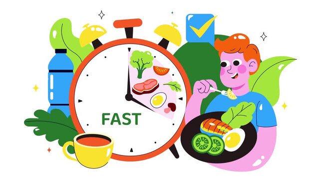 Animation of Animation of Intermittent Fasting Illustration featuring a Clock Face Symbolizing the Principle of Eating Time and Exercise in a Dieting Background