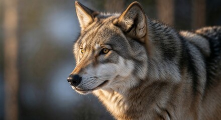 Obraz premium Gray wolf standing in sunlight with forest background 