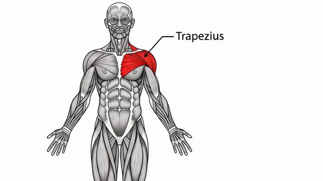 Trapezius muscle anatomy illustration showing human body musculature for medical education and fitness training, showcasing muscle location, definition, and skeletal structure.
