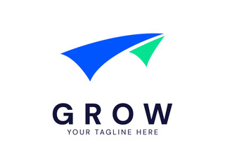 Modern grow Business with curved growth triangle Arrowhead Rocket logo vector design concept. Growth logotype symbol for digital finance, ui, technology, investment, business, web, financial tech.