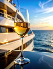 Obraz premium Glass of White Wine on Yacht at Sunset