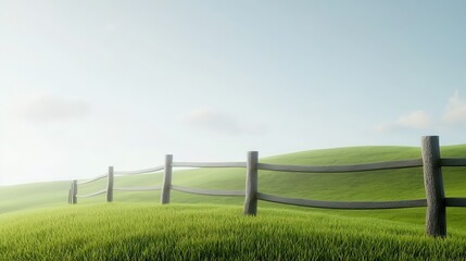 Fototapeta premium A serene landscape featuring rolling green hills with a wooden fence under a bright sky, evoking tranquility and natural beauty.