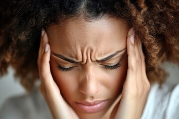Fototapeta premium Stressed businesswoman experiencing a headache at work, her expression reflecting the challenges of managing both physical discomfort and professional demands, Generative AI