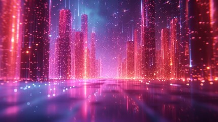 Futuristic Cityscape Bathed in Neon Lights at Twilight