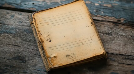 Obraz premium An aged notebook with lined pages rests on a weathered wooden surface in a close up studio shot