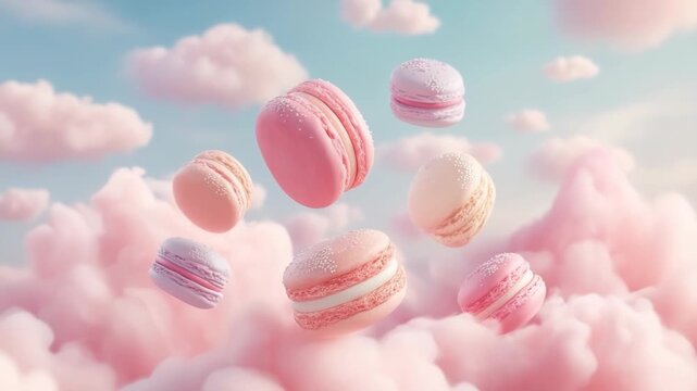 Delicate pastel macarons floating on fluffy pink clouds dessert dreams