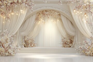Elegant wedding backdrop with arches, soft light, and floral decorations
