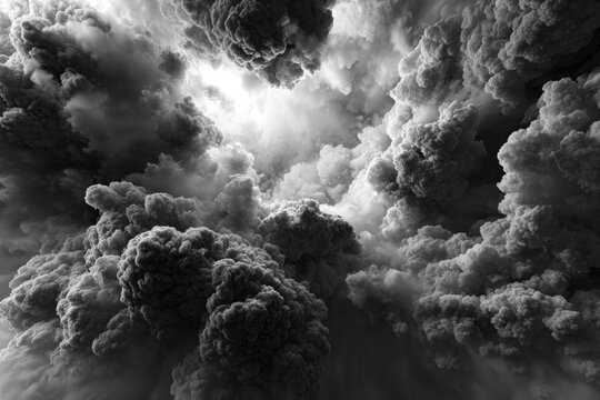 A dramatic black and white view of massive storm clouds
