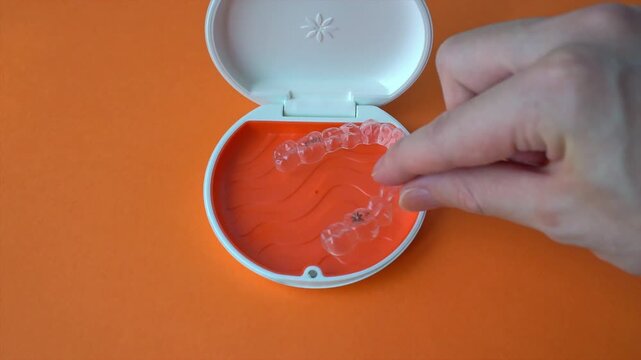 Store an orthodontic aligner in an orange case. Slow motion video. Orange background.