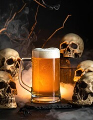 Halloween Beer Mug Still Life with Skulls