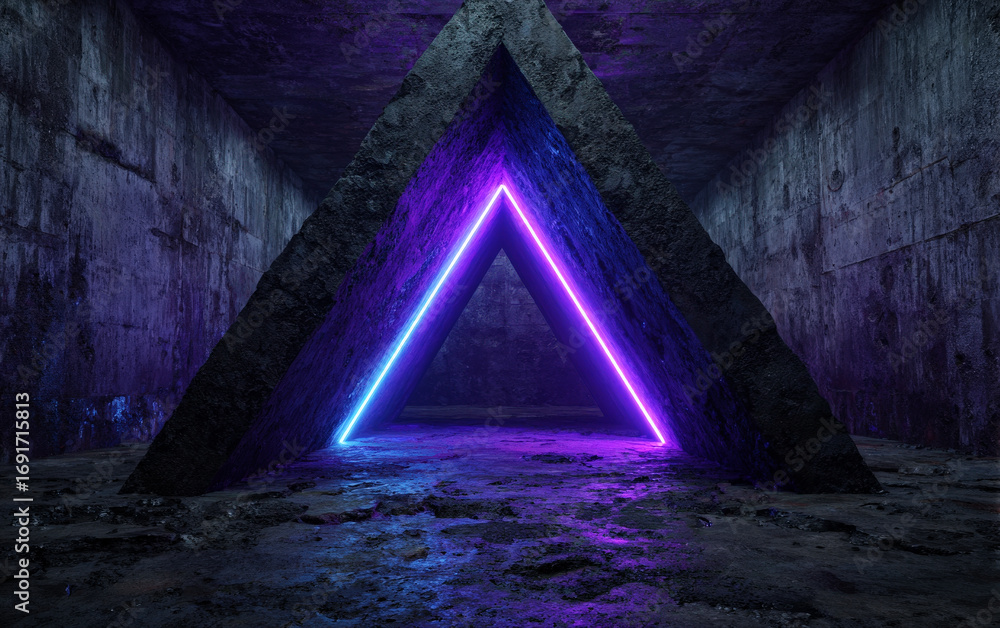 Poster triangular neon lights in a dark concrete room creating a futuristic scene